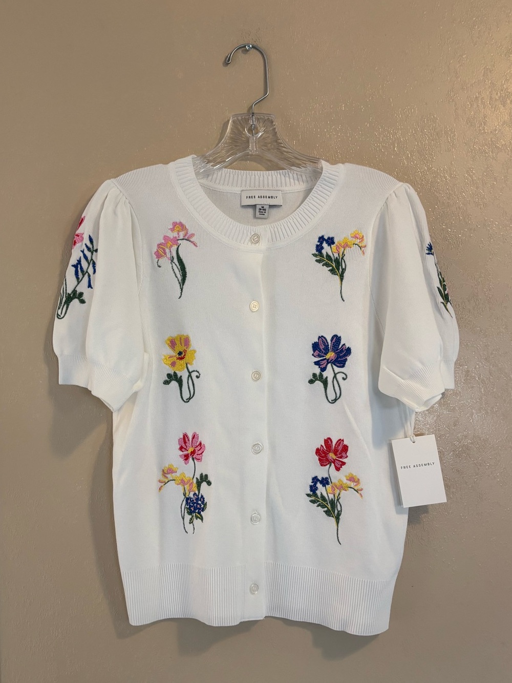 NWT Free Assembly Embroidered Cardigan Sweater with Puff Sleeves sz S